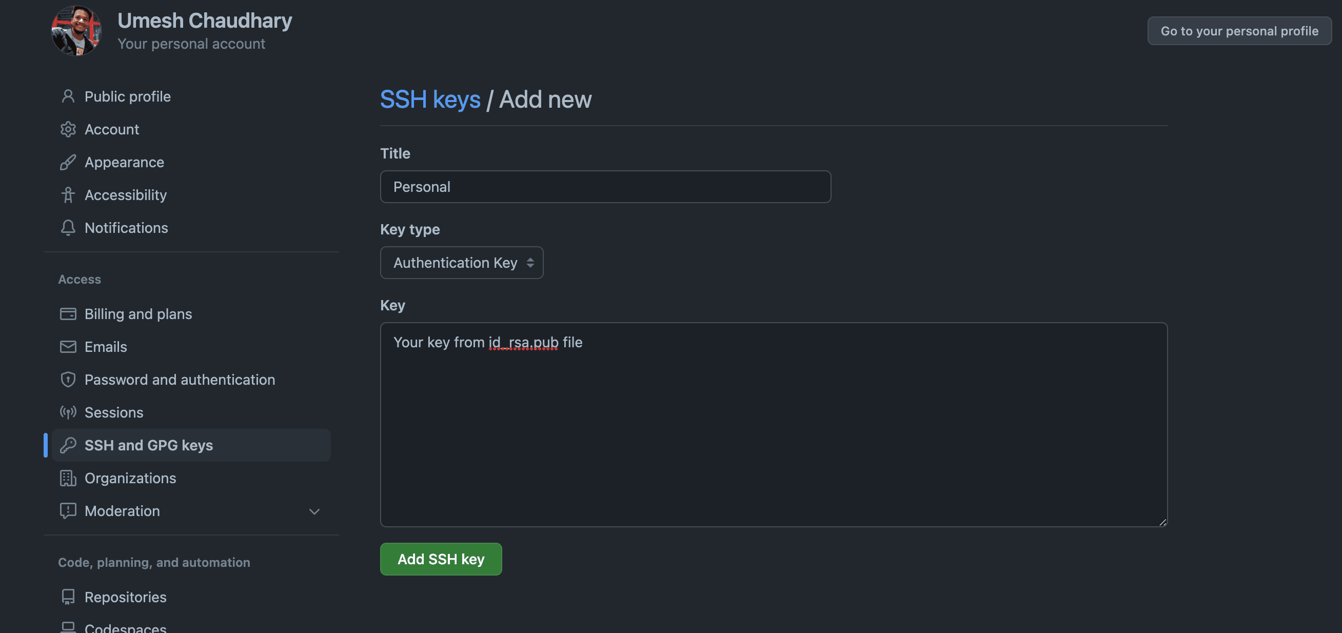 Git settings page to add ssh key