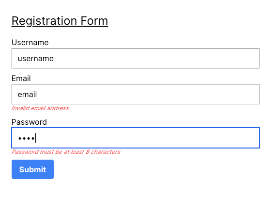 Screenshot: React form with validation errors